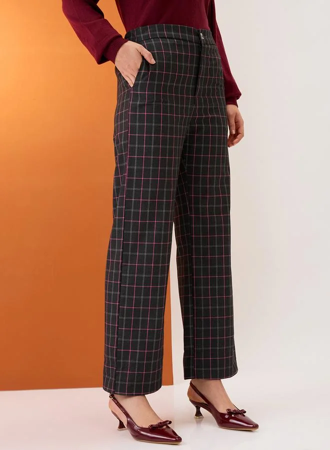 globus Black Checkered Mid-Rise Straight Fit Trousers