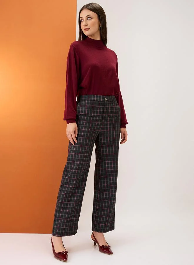 globus Black Checkered Mid-Rise Straight Fit Trousers
