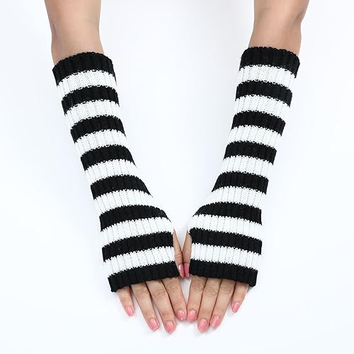 Sumleno Y2k Striped Arm Warmers Long Fingerless Knitted Gloves Punk Gothic Alt Emo Scene Cool Winter Arm Sleeves Grunge Accessories (Black,One Size) - Image 3