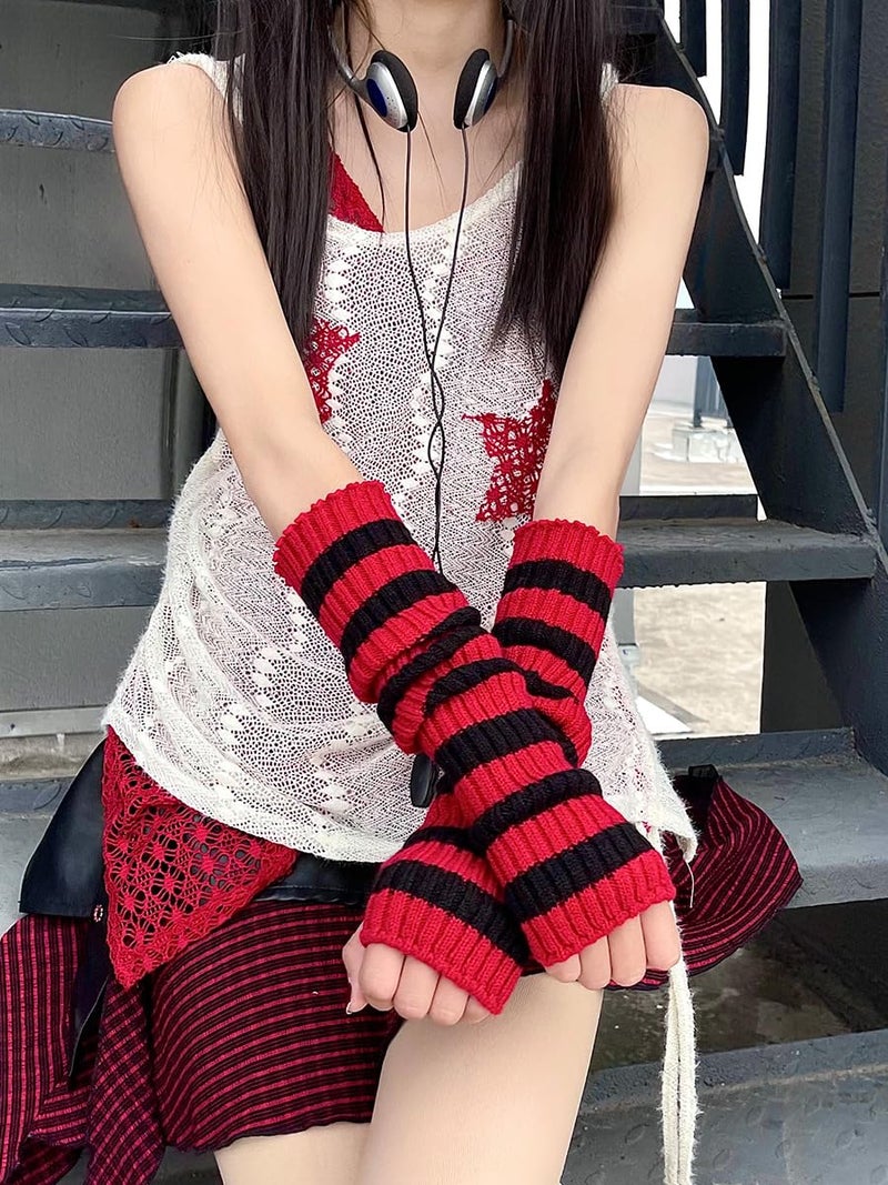 Sumleno Y2k Striped Arm Warmers Long Fingerless Knitted Gloves Punk Gothic Alt Emo Scene Cool Winter Arm Sleeves Grunge Accessories (Black,One Size) - Image 5