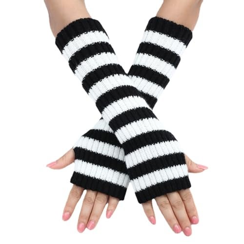 Sumleno Y2k Striped Arm Warmers Long Fingerless Knitted Gloves Punk Gothic Alt Emo Scene Cool Winter Arm Sleeves Grunge Accessories (Black,One Size) - Image 1