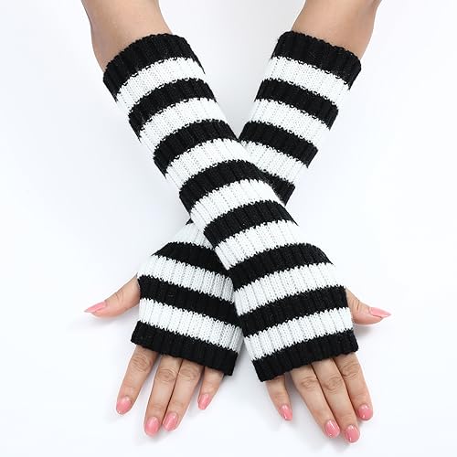 Sumleno Y2k Striped Arm Warmers Long Fingerless Knitted Gloves Punk Gothic Alt Emo Scene Cool Winter Arm Sleeves Grunge Accessories (Black,One Size) - Image 2