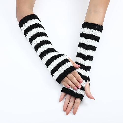 Sumleno Y2k Striped Arm Warmers Long Fingerless Knitted Gloves Punk Gothic Alt Emo Scene Cool Winter Arm Sleeves Grunge Accessories (Black,One Size) - Image 4