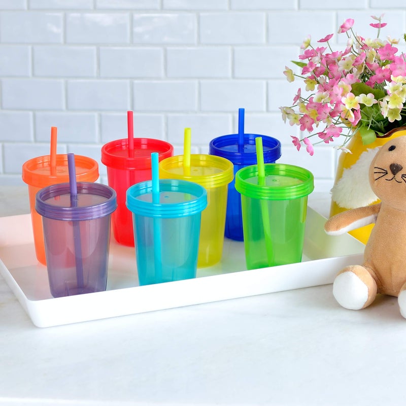 Youngever 7 Sets Plastic Kids Cups with Lids and Straws  7 Reusable Toddler Cups with Straws in 7 Assorted Colors