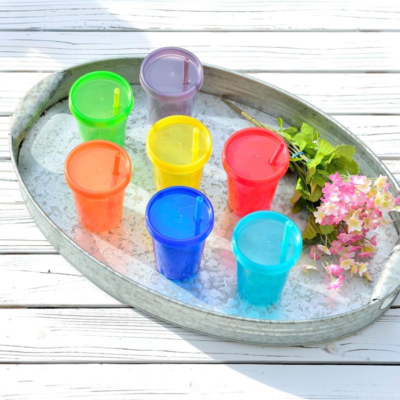 Youngever 7 Sets Plastic Kids Cups with Lids and Straws  7 Reusable Toddler Cups with Straws in 7 Assorted Colors