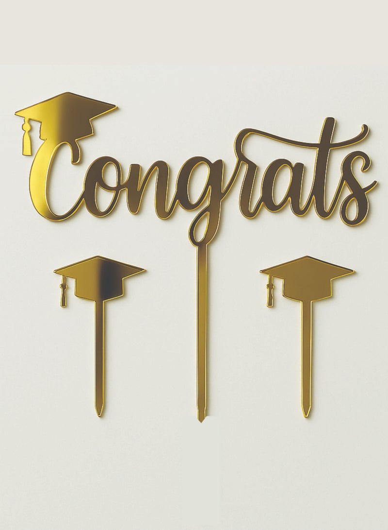 Congrats Graduate Gold Acrylic Cake Topper Set – 3 Pieces  - Image 1