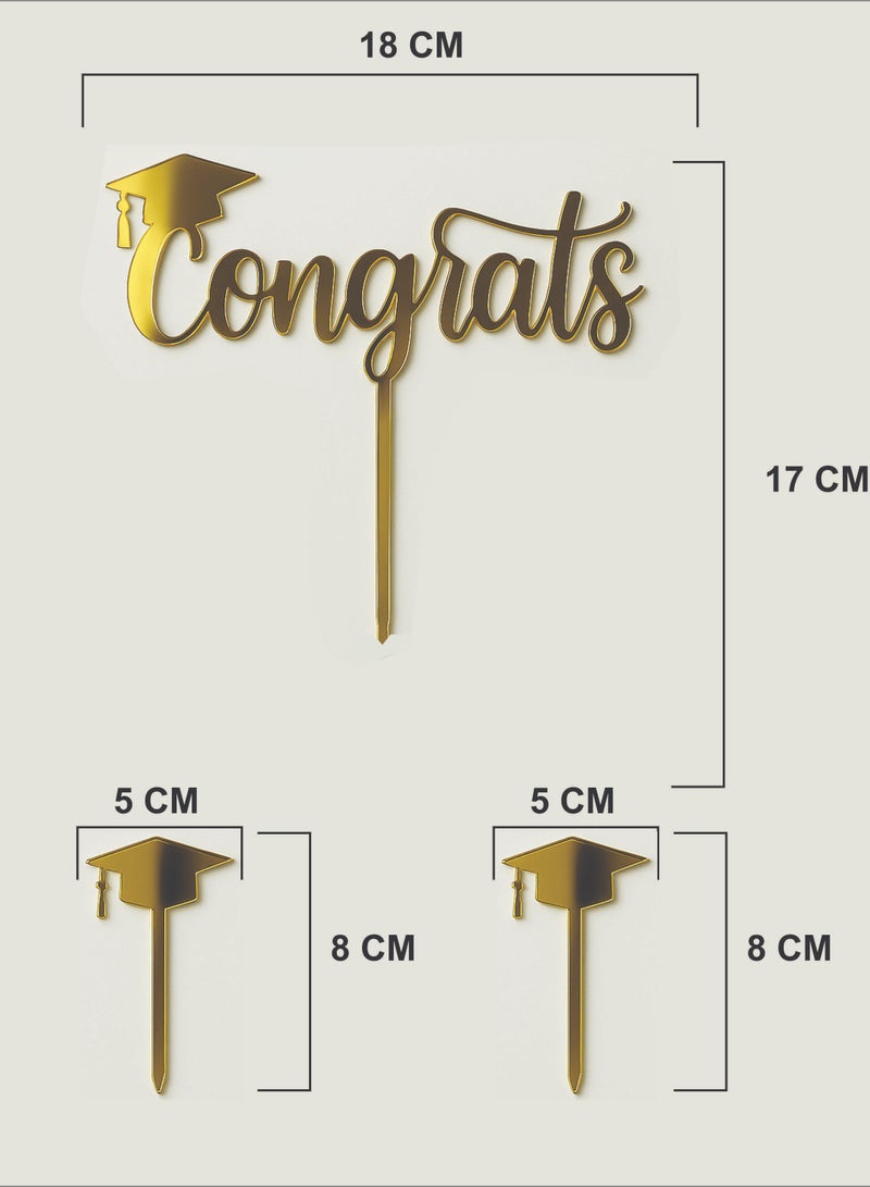 Congrats Graduate Gold Acrylic Cake Topper Set – 3 Pieces  - Image 3