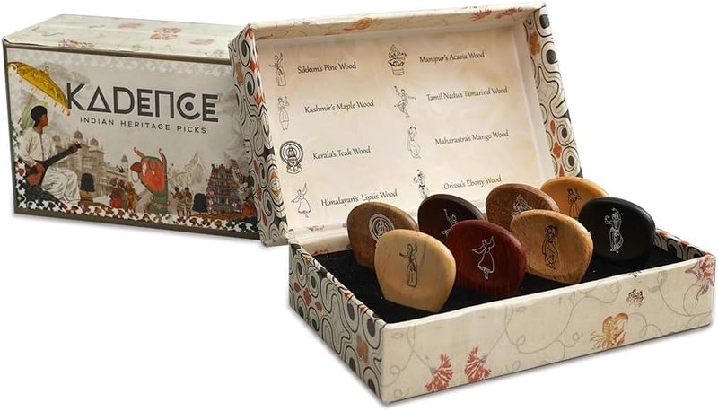 Kadence Heritage Wooden Guitar Picks – Set of 8 Handmade Picks with Indian State Woods & Art – Includes Maplewood, Teakwood, Ebonywood – For Acoustic & Electric Guitars - Image 2