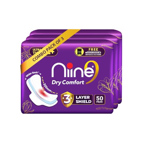 NIINE Dry Comfort Ultra Thin XL+ Sanitary Napkins for Heavy Flow (Pack of 3) 150 Pads with Free Biodegradable disposable bags - Image 1