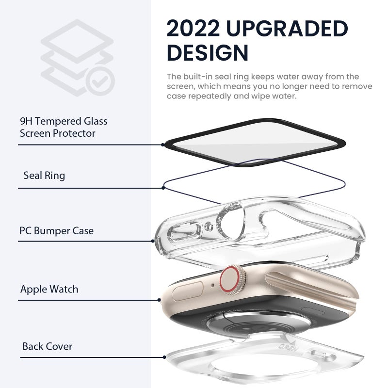 Tensea تنسيا (2 في 1) لحماية شاشة ساعة آبل المقاومة للماء SE الجيل الثاني SE السلسلة 6 5 4 40 مم ملحقات، غطاء وجه iWatch PC مع زجاج مقسى مدمج، واقي أمامي وخلفي للنساء والرجال - Image 3