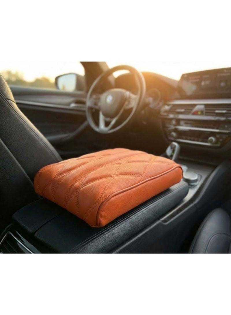 وسادة مسند ذراع الكونسول الوسطي من الجلد مع رغوة الذاكرة لمعظم السيارات، بخياطة متعرجة - برتقالي - Image 1