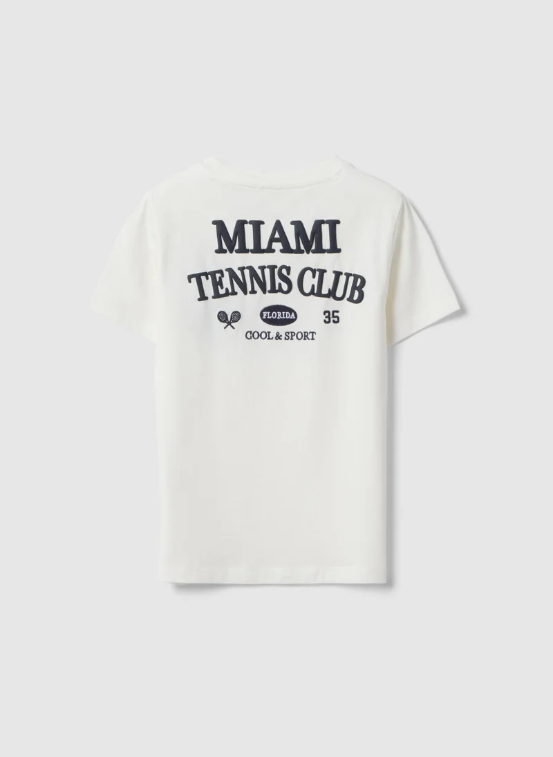 او في اس Ovs White Stretchy Cotton Oversized Fit Kids' T-Shirt With Logo