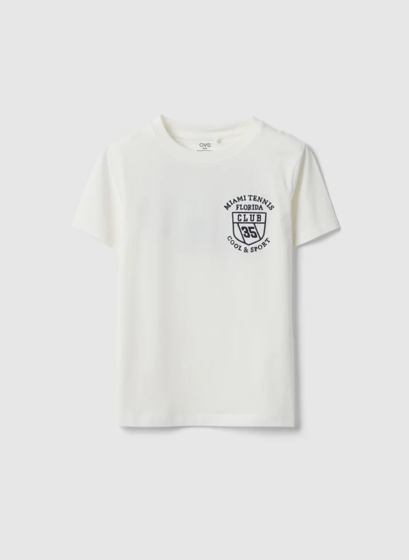 او في اس Ovs White Stretchy Cotton Oversized Fit Kids' T-Shirt With Logo