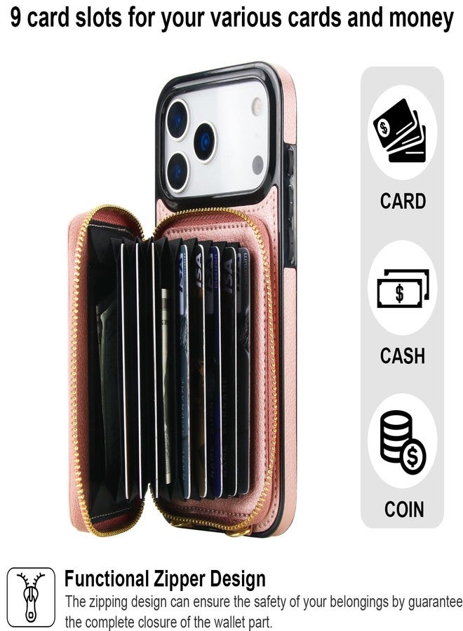 Bocasal Crossbody Wallet Case for iPhone 17 Pro Max, RFID Blocking Leather Purse Case with Card Holder, Protective Handbag Flip Cover with Zipper Wrist Strap Lanyard for Women 5G 6.9 Inch (Rose Gold) - Image 3