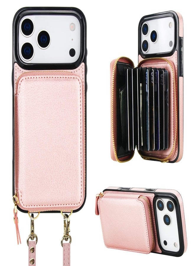 Bocasal Crossbody Wallet Case for iPhone 17 Pro Max, RFID Blocking Leather Purse Case with Card Holder, Protective Handbag Flip Cover with Zipper Wrist Strap Lanyard for Women 5G 6.9 Inch (Rose Gold) - Image 1