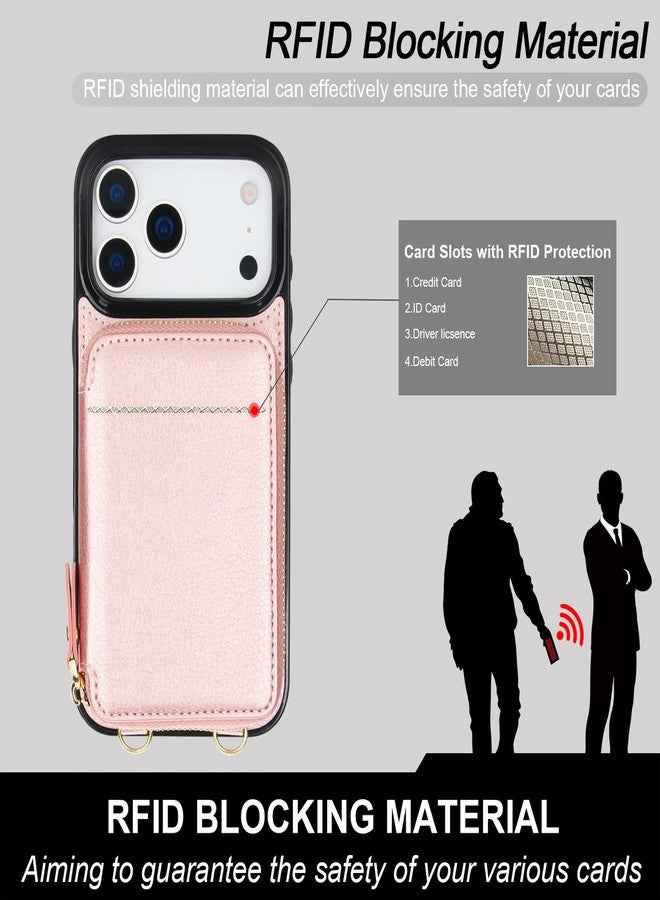 Bocasal Crossbody Wallet Case for iPhone 17 Pro Max, RFID Blocking Leather Purse Case with Card Holder, Protective Handbag Flip Cover with Zipper Wrist Strap Lanyard for Women 5G 6.9 Inch (Rose Gold) - Image 4