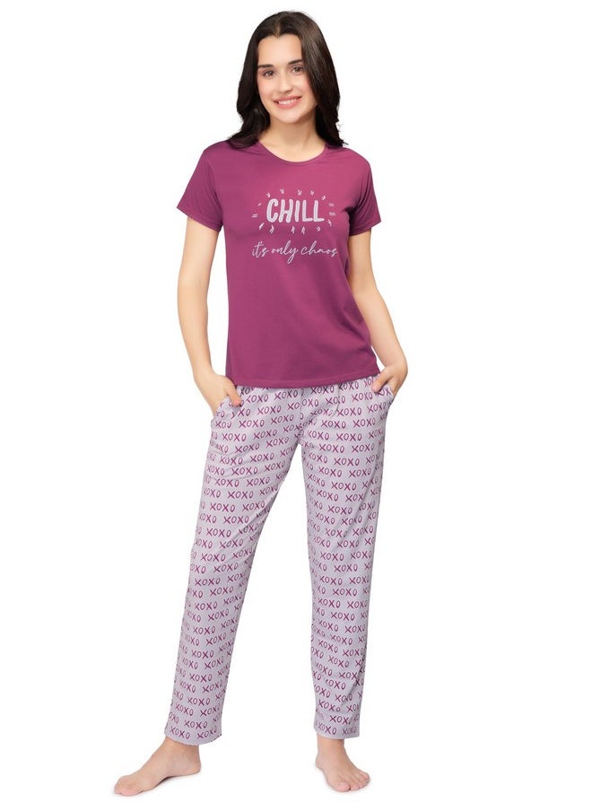 beebelle - beebelle Women's Cotton XOXO Purple Printed Night Suit Set of Top & Pyjama 1123 - Image 1
