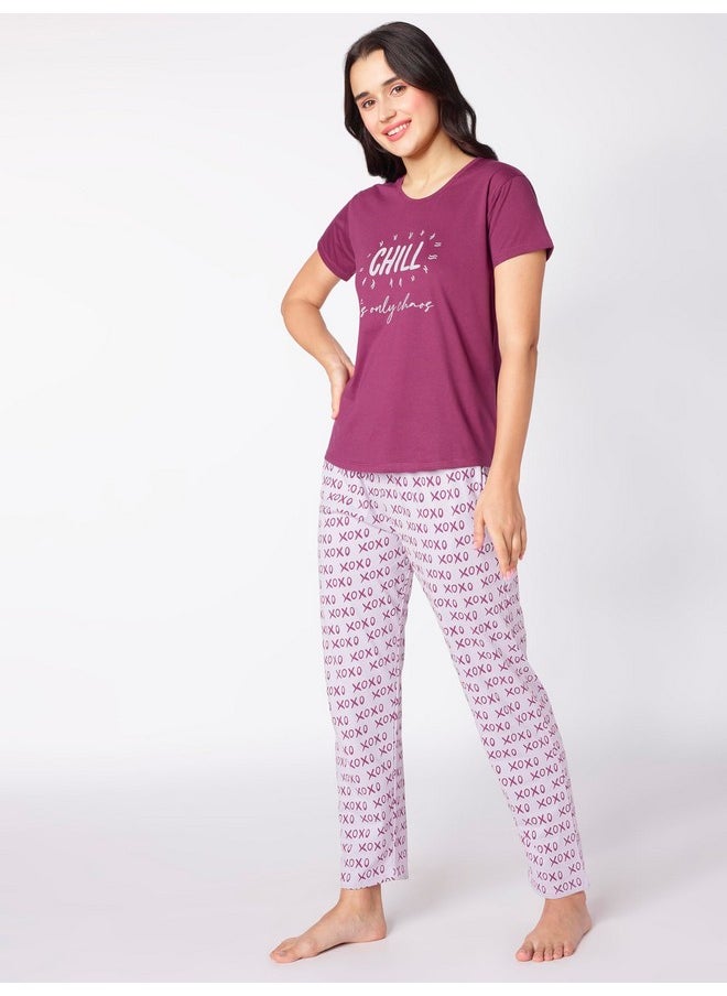beebelle - beebelle Women's Cotton XOXO Purple Printed Night Suit Set of Top & Pyjama 1123 - Image 1
