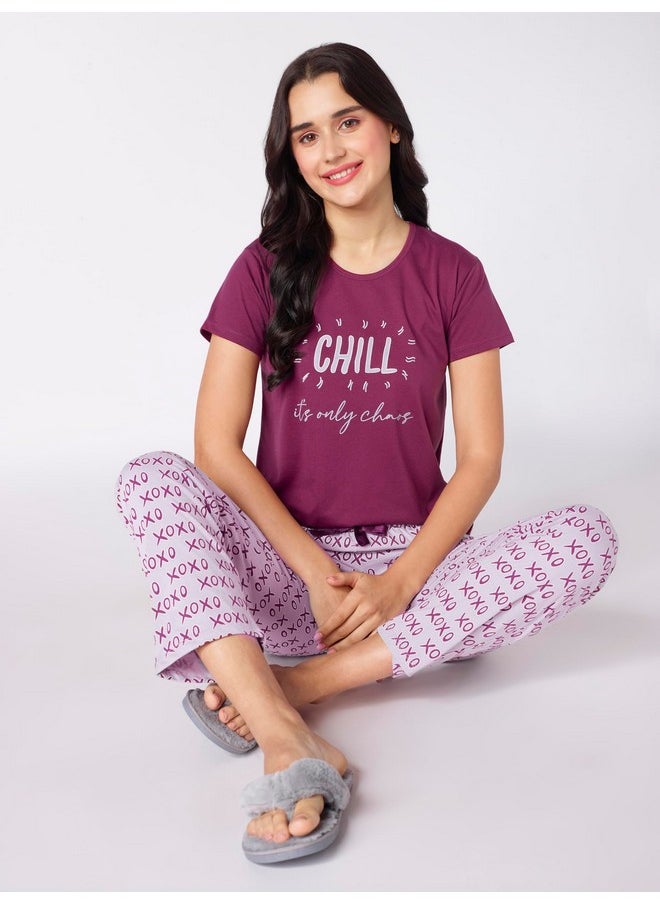 beebelle - beebelle Women's Cotton XOXO Purple Printed Night Suit Set of Top & Pyjama 1123 - Image 1