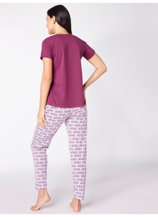 beebelle - beebelle Women's Cotton XOXO Purple Printed Night Suit Set of Top & Pyjama 1123 - Image 1
