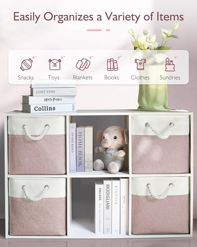 Patvingot 11x11 Cube Storage Bins, 6 Pack Foldable Fabric Organizer Bins with Rope Handles, Storage Cubes for Organizing Bedroom, Living Room, Clothes and Toys, Shelves and Closet (White & Pink) - Image 5