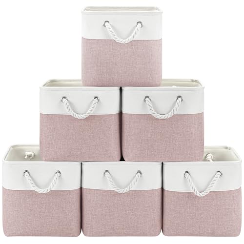 Patvingot 11x11 Cube Storage Bins, 6 Pack Foldable Fabric Organizer Bins with Rope Handles, Storage Cubes for Organizing Bedroom, Living Room, Clothes and Toys, Shelves and Closet (White & Pink) - Image 1