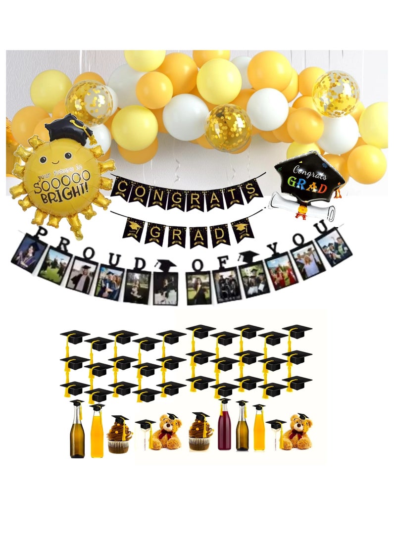 Congrats Grad Proud Of You Photo Banner Foil And Latex Balloons With Small Tassel Caps For Bottles Complete Party Pack For Graduation Celebration - Image 1
