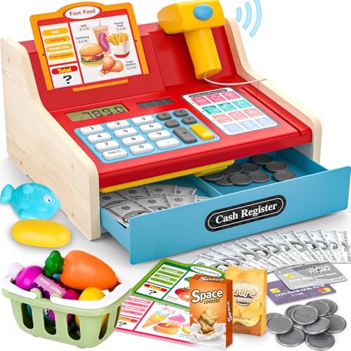 maysida 2026 Wooden Toy Cash Register for KidsRechargeable Counting Wood Cash Register Toys Kids Cash Register with Scanner Realistic for Boy Girl Age 24 48 Pretend Toy RolePlaying Birthday Ideals Gift - Image 1