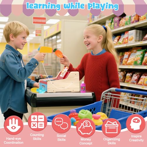 maysida 2026 Wooden Toy Cash Register for KidsRechargeable Counting Wood Cash Register Toys Kids Cash Register with Scanner Realistic for Boy Girl Age 24 48 Pretend Toy RolePlaying Birthday Ideals Gift - Image 5