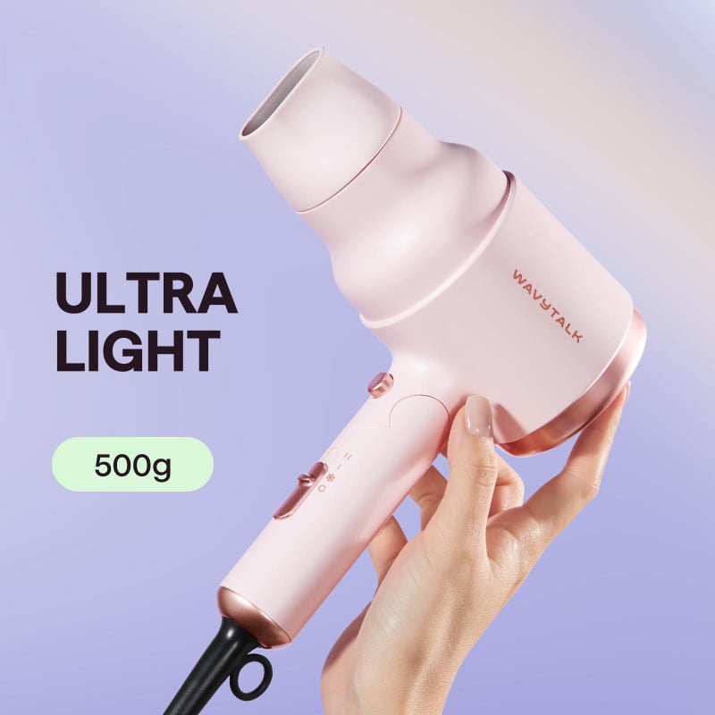 wavytalk مجفف شعر ويفيتوك مع موزع، مجفف شعر صغير مع مقبض قابل للطي، مجفف شعر هادئ وخفيف الوزن بقوة 1600 واط مع تصميم مدمج، وردي أبيض - Image 3