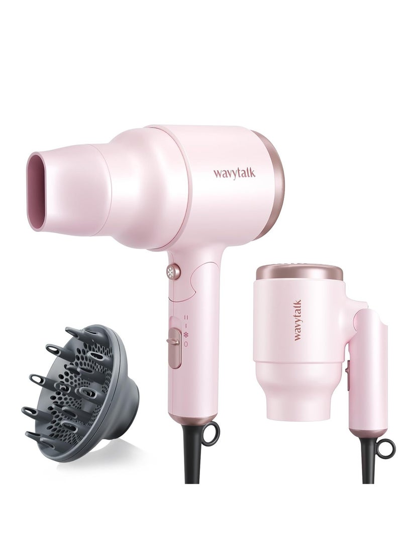 wavytalk Wavytalk Blow Dryer with Diffuser, Mini Hair Dryer with Folding Handle, 1600W Quiet Lightweight Hairdryer with Diffuser Compact Design, Pinky White  - Image 1