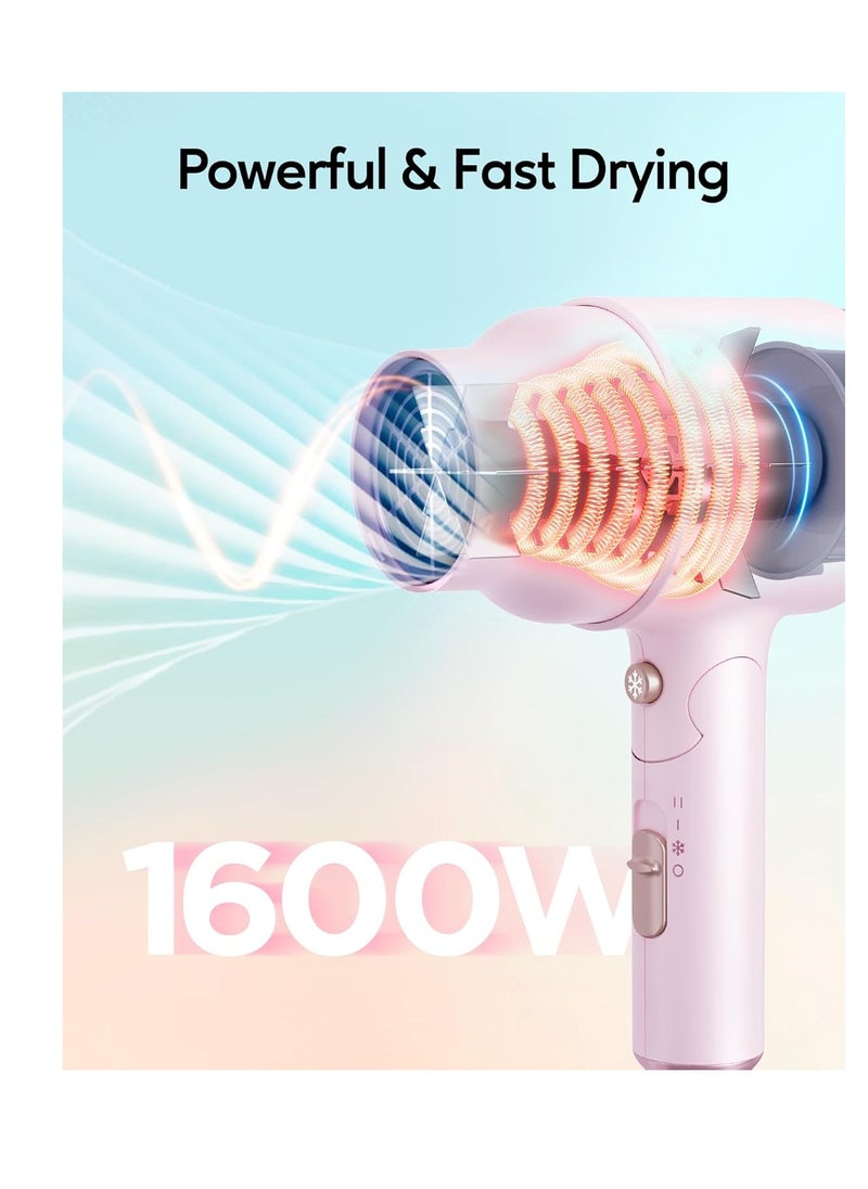 wavytalk Wavytalk Blow Dryer with Diffuser, Mini Hair Dryer with Folding Handle, 1600W Quiet Lightweight Hairdryer with Diffuser Compact Design, Pinky White  - Image 2