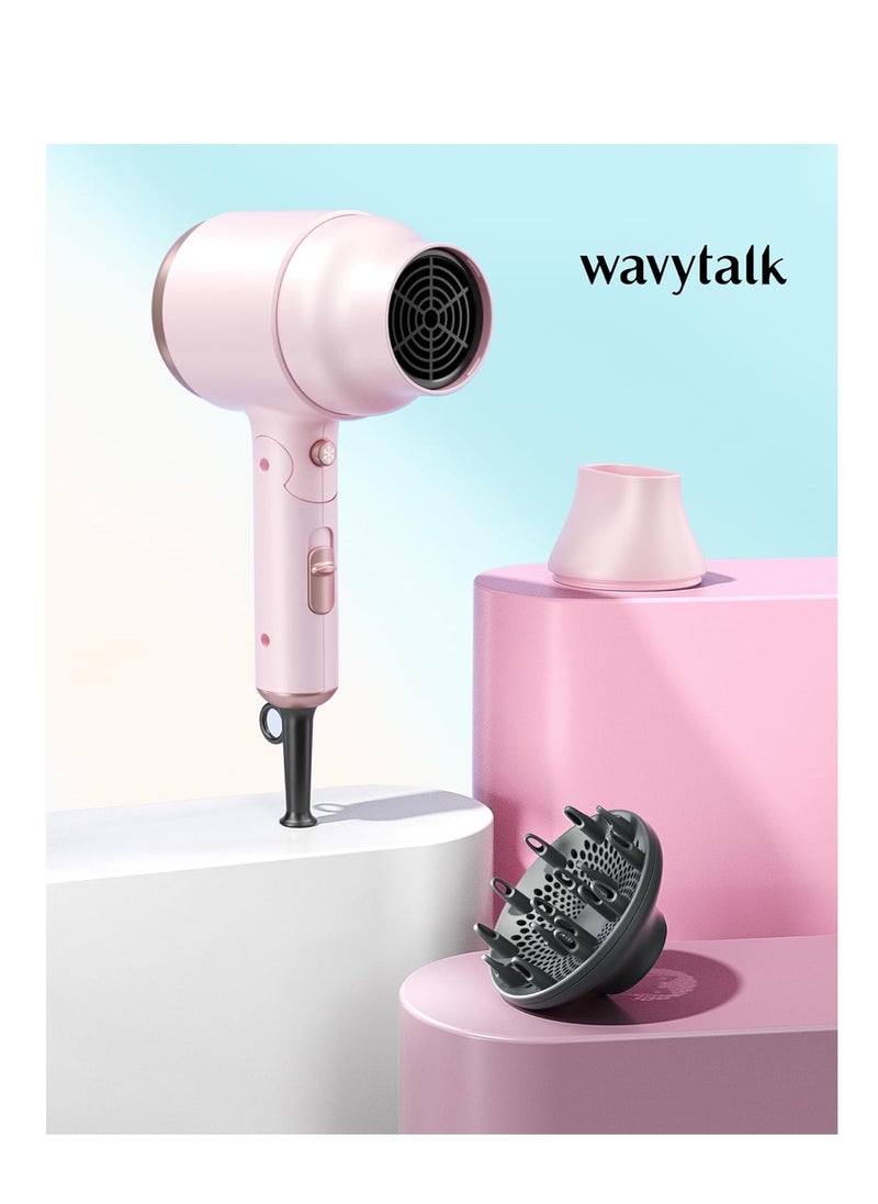 wavytalk Wavytalk Blow Dryer with Diffuser, Mini Hair Dryer with Folding Handle, 1600W Quiet Lightweight Hairdryer with Diffuser Compact Design, Pinky White  - Image 3