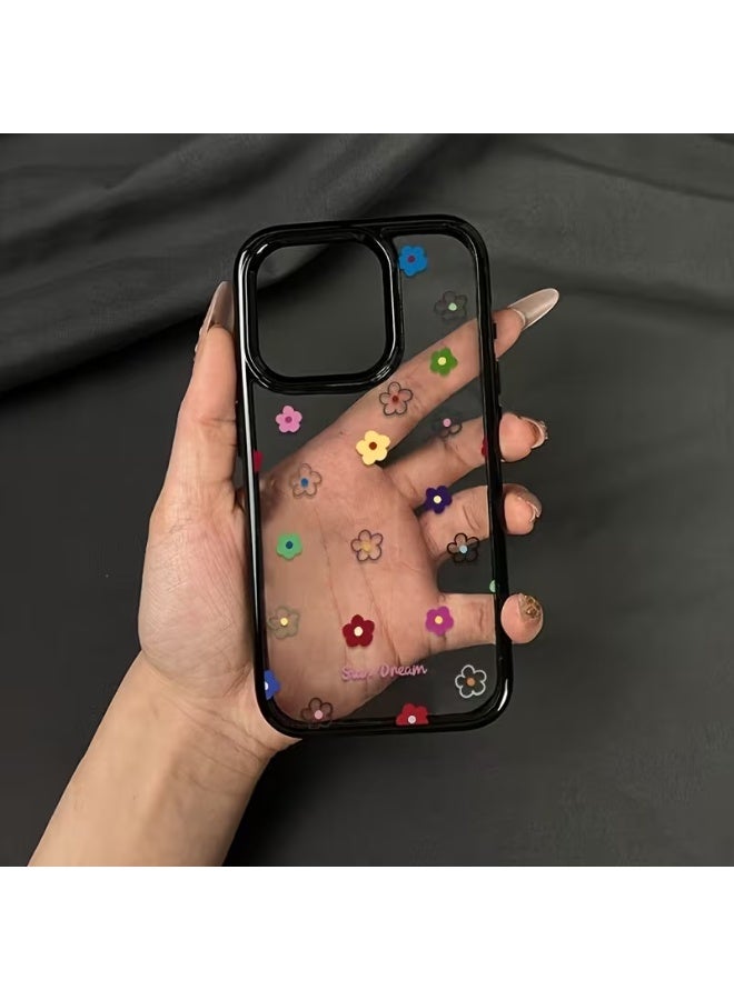 Temu A transparent iPhone case with black sides featuring a colorful floral design, boasting a smooth matte surface and shock and scratch resistance, compatible with iPhone 15 Pro Max. - Image 1