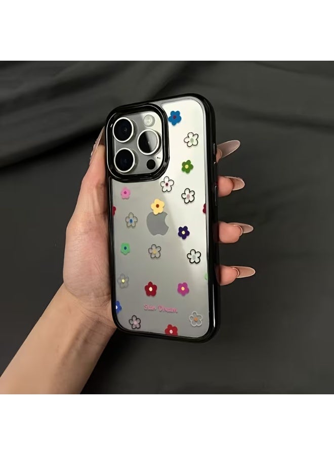Temu A transparent iPhone case with black sides featuring a colorful floral design, boasting a smooth matte surface and shock and scratch resistance, compatible with iPhone 15 Pro Max. - Image 2