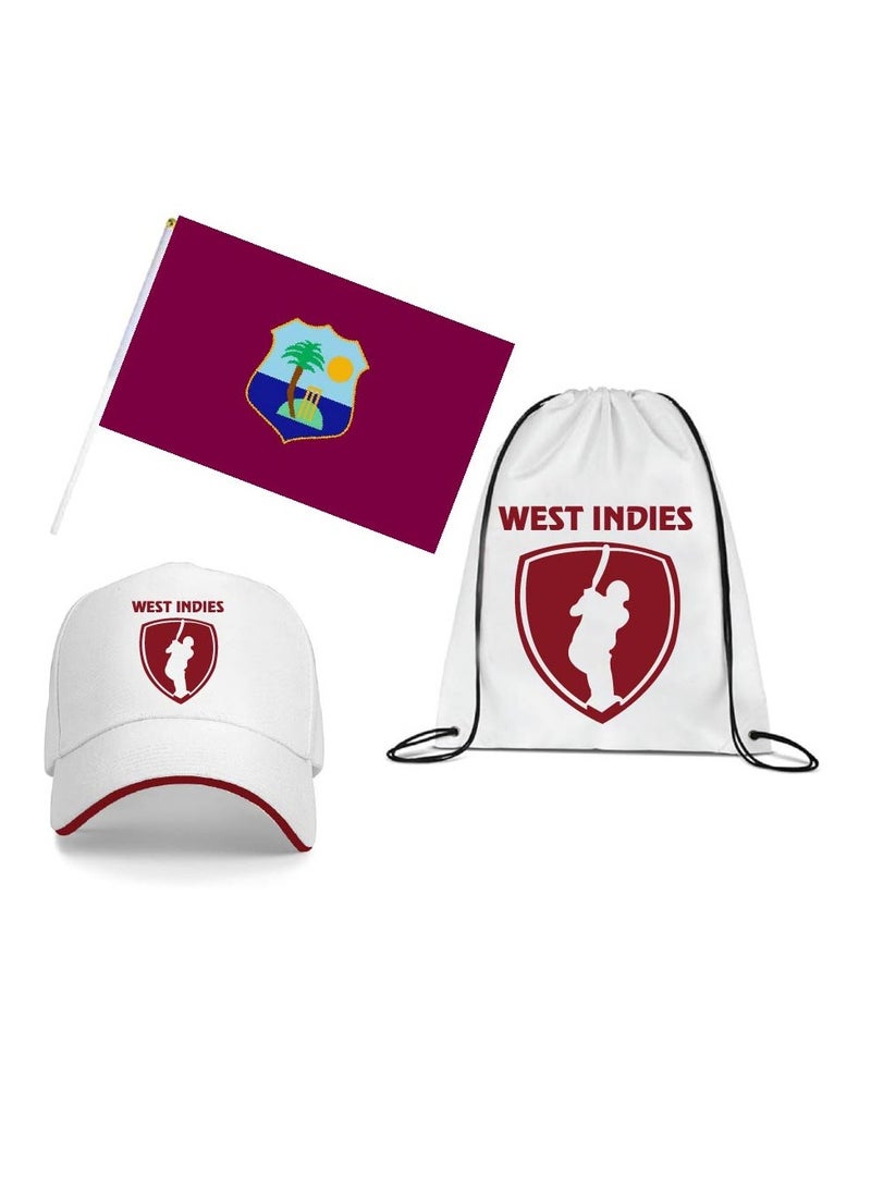 West Indies Sports Cricket Fans Combo Pack for Adults - Pack of 3 - Drawstring Bag, Hand Flag, Cap - Perfect for West Indies Sports Events and Cricket Matches - Image 1