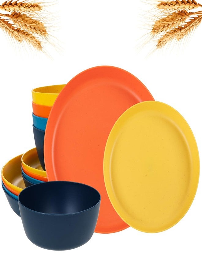 ejonirinjonir EI 12pcs Wheat Straw Plates,Plates and Bowls Sets,Unbreakable Plastic Plate,Wheat Straw Dinnerware Set-Orange,Yellow,Blue and Dark Blue,Dinner Plates Set of 4,Soccer plates,world Cup 2026 - Image 1