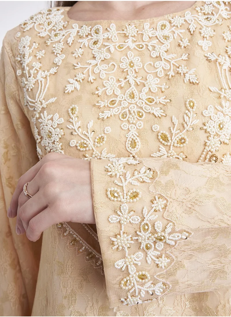 KASHKHA Datel Lace Work Jalabiya with Beads and Pearls
