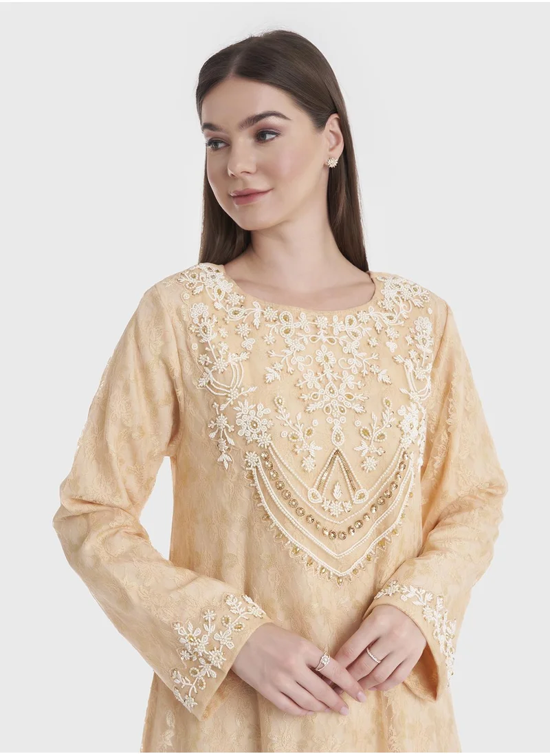 KASHKHA Datel Lace Work Jalabiya with Beads and Pearls