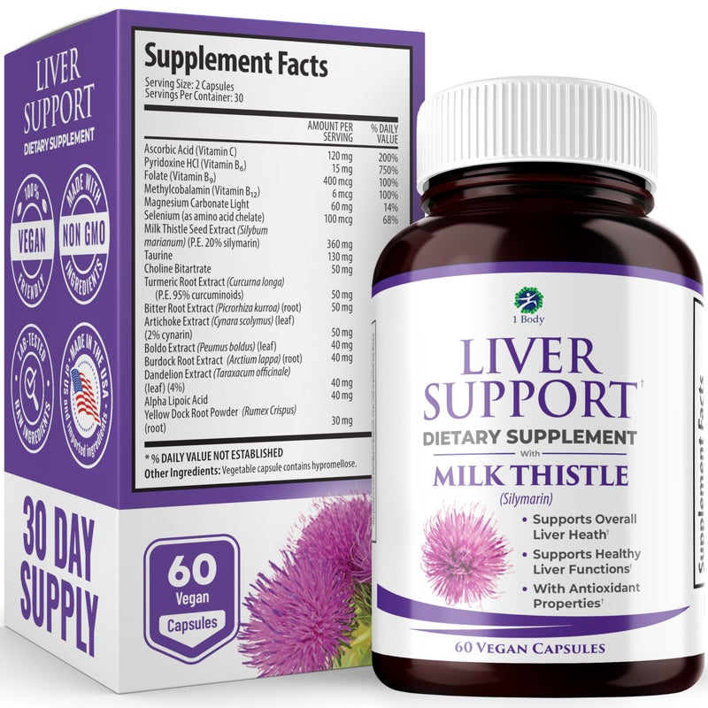 1 Body Liver Support Supplement Milk Thistle Dandelion Root Artichoke for Liver Cleanse Function Natural Liver Health Formula NonGMO Vegan 60 Capsules