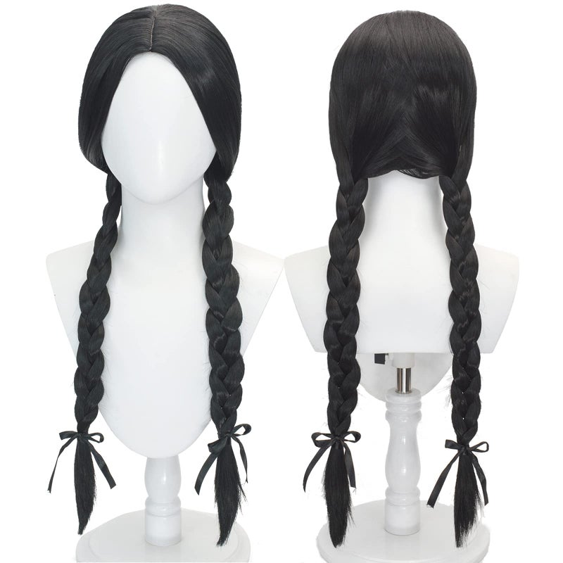 Long Black Braided Costume Wig Black Pigtails Wig Synthetic Hair Net Cap for Women Halloween Daily