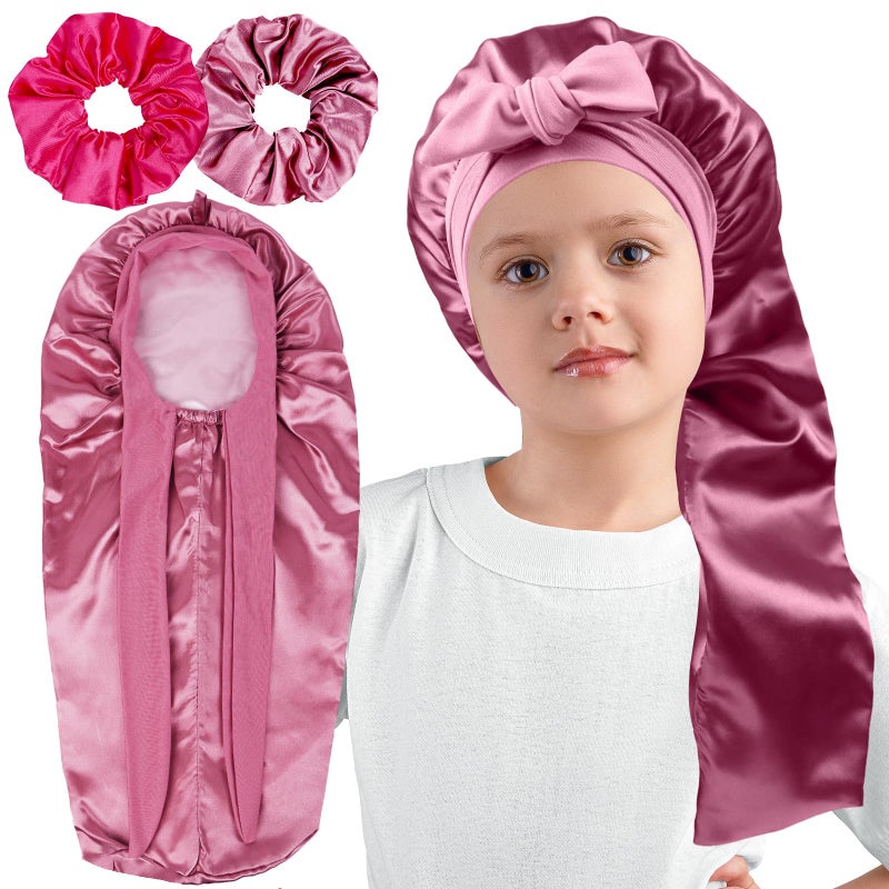 Himoswis Long Kids Bonnets for Girls,Double Layer Satin Bonnet for Sleeping Kid,Bonnet for Girl Braids Long Hair Rose Gold - Image 1