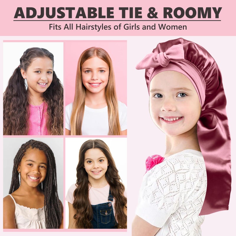 Himoswis Long Kids Bonnets for Girls,Double Layer Satin Bonnet for Sleeping Kid,Bonnet for Girl Braids Long Hair Rose Gold - Image 5