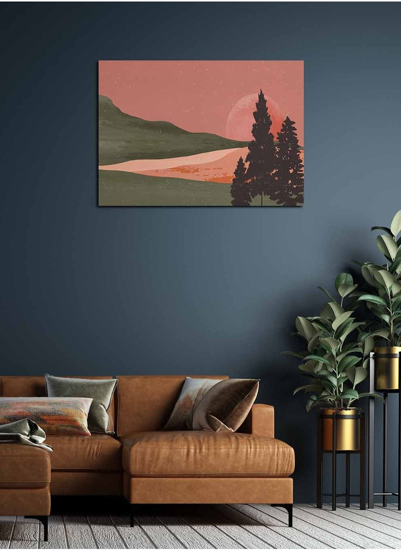 LOWHA Framed Canvas Wall Art Stretched Over Wooden Frame, Mountain and Trees Landscape Orientation Painting, For Home, Living Room, Office Decor  - Image 1