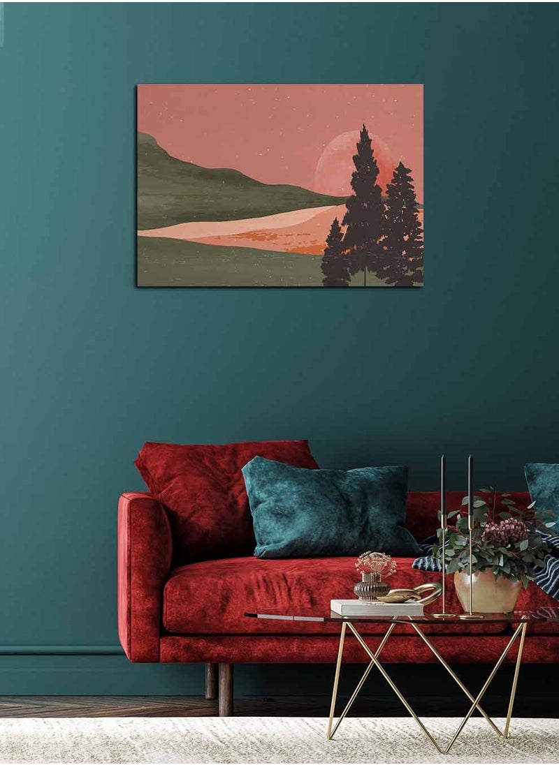 LOWHA Framed Canvas Wall Art Stretched Over Wooden Frame, Mountain and Trees Landscape Orientation Painting, For Home, Living Room, Office Decor  - Image 2
