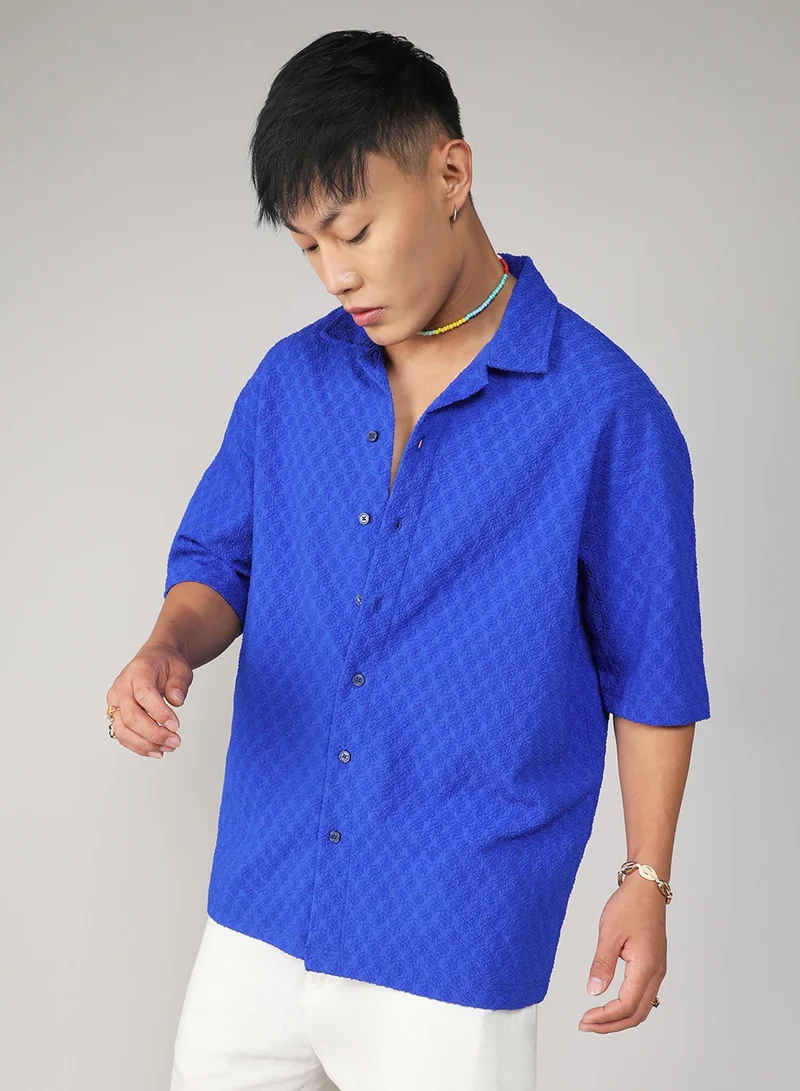 CAHOOT  Men's Royal Blue Textured Geometric Oversized Shirt For Casual Wear | Spread Collar | Short Sleeve | Button Closure | Oversized Shirt Crafted With Comfort Fit For Everyday Wear for Men | Best Price UAE