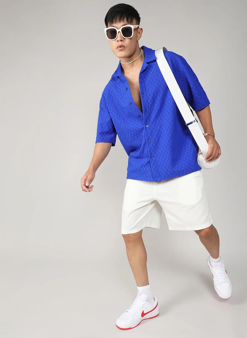 CAHOOT  Men's Royal Blue Textured Geometric Oversized Shirt For Casual Wear | Spread Collar | Short Sleeve | Button Closure | Oversized Shirt Crafted With Comfort Fit For Everyday Wear for Men | Best Price UAE
