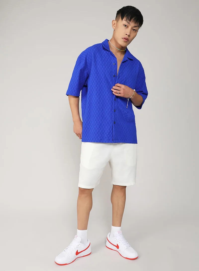 CAHOOT  Men's Royal Blue Textured Geometric Oversized Shirt For Casual Wear | Spread Collar | Short Sleeve | Button Closure | Oversized Shirt Crafted With Comfort Fit For Everyday Wear for Men | Best Price UAE