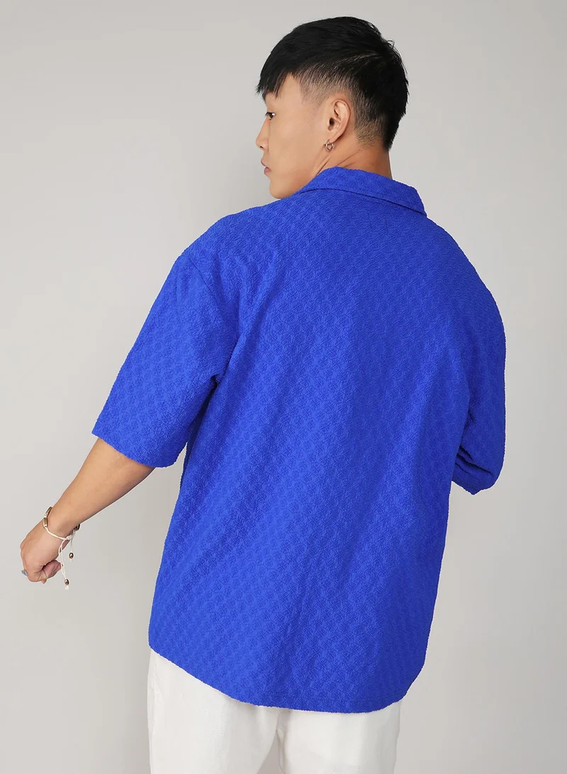 CAHOOT  Men's Royal Blue Textured Geometric Oversized Shirt For Casual Wear | Spread Collar | Short Sleeve | Button Closure | Oversized Shirt Crafted With Comfort Fit For Everyday Wear for Men | Best Price UAE