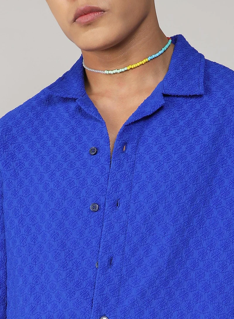 CAHOOT  Men's Royal Blue Textured Geometric Oversized Shirt For Casual Wear | Spread Collar | Short Sleeve | Button Closure | Oversized Shirt Crafted With Comfort Fit For Everyday Wear for Men | Best Price UAE